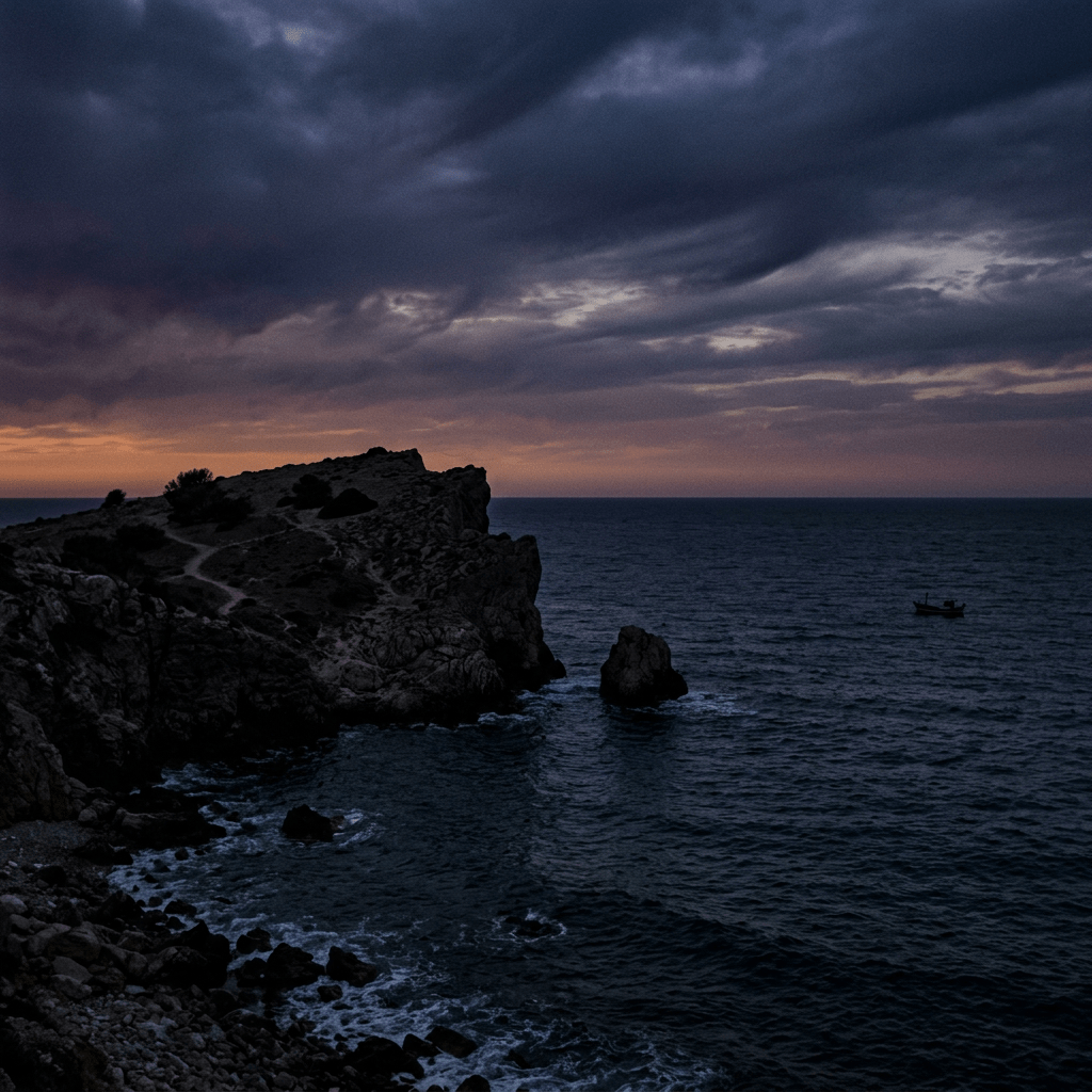 Rocky cliff jutting into dark ocean waters at twilight with overcast sky and small fishing boat