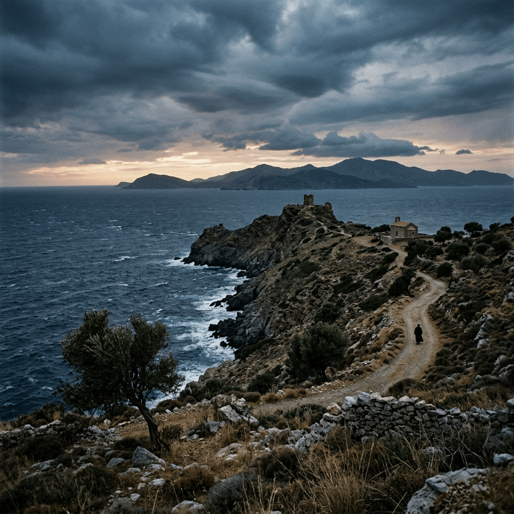 Lone person walking on a winding dirt path by rocky coastline with sea, stone tower, and small house under cloudy sky
